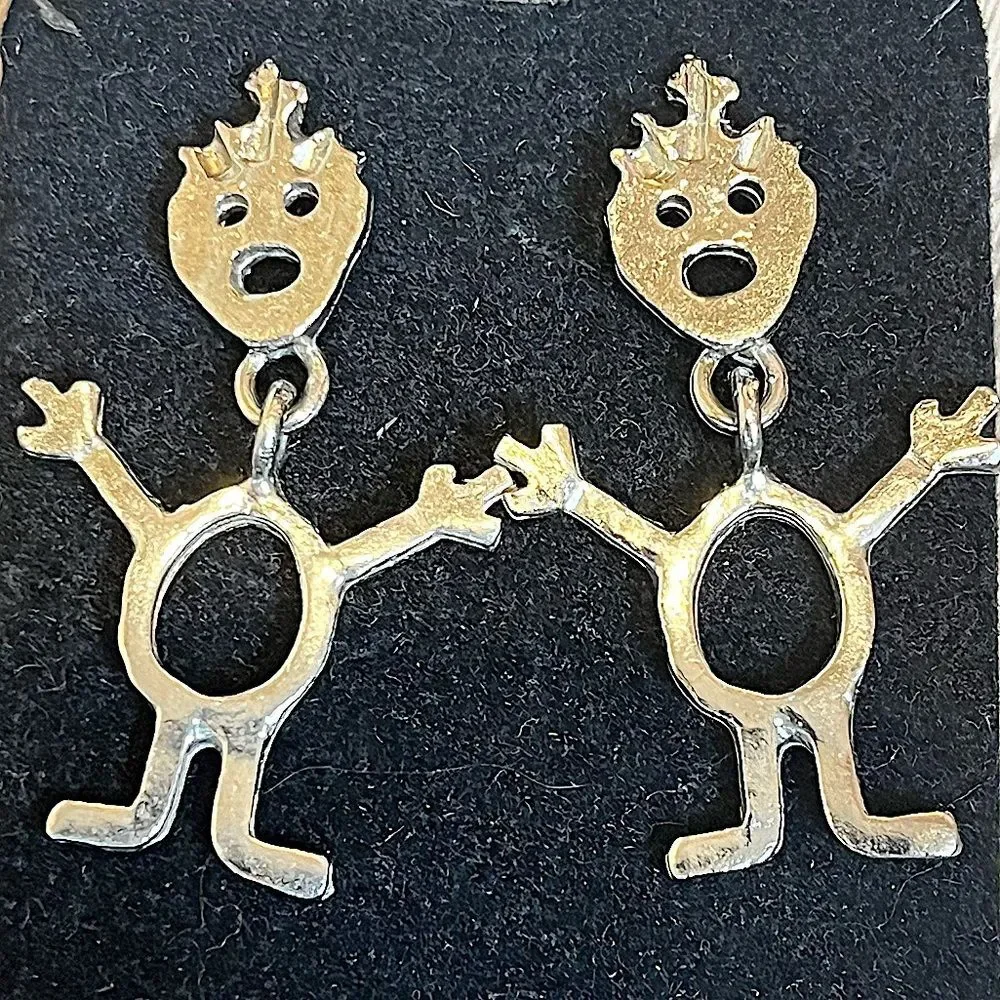 Vintage Silver Metal Happy People Dangle Stud Earrings
